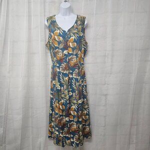 Vintage Expressions Blue Green Sleeveless Maxi Dress Leaf Print Tropical X